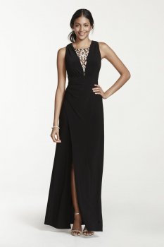 Sleeveless Jersey Dress with Illusion V Neck Style 231M57560