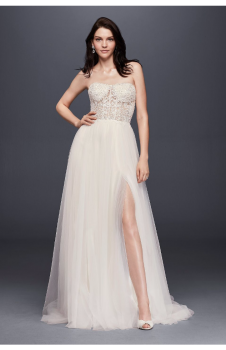 New Sexy SWG764 Style Long Strapless Wedding Dress with Tulle Slit Skirt and Lace Appliqued Illusion Bodice