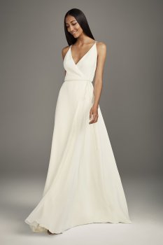 Flowy V-neck Sheath VW351495 Crepe Bridal Dress with Jeweled Crisscross Low Back