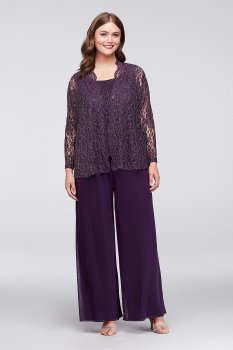 Plus Size New Coming 949801 Style Three Pieces Mettalic Lace and Chiffon Mother of the Bride Pants Suit