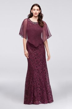 3523DB Style Mother of the Bride Long Lace Mermaid Dress with Beaded Capelet
