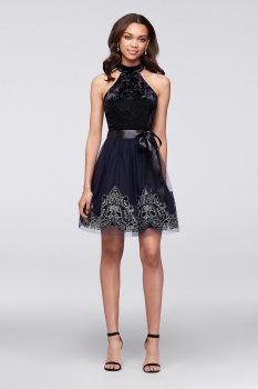 Velvet and Glitter-Print Tulle High-Neck Dress #57436