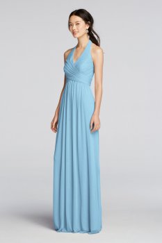 Halter Neck Long A-line F19071 Style Pleated Crisscross Bodice Maid of Honor Dresses