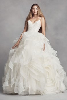 White by Vera Wan Spaghetti Straps Floor Length Organza Rosette Skirt Wedding Dress VW351371