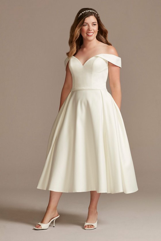 Off the Shoulder Satin Tea-Length Wedding Dress DB Studio MIDWG3979