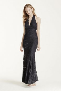 Sequin Lace Scallop Plunge Halter Gown Style 11996