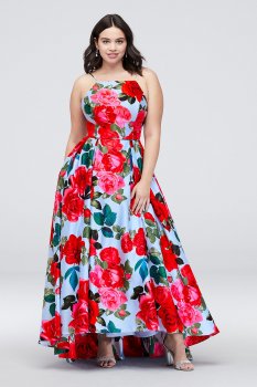 Pleated Lace-Up Floral-Printed Plus Size Ball Gown A21836W