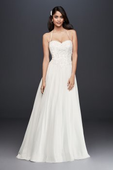 Halter Neck Long A-line WG3853 Style Basque-Waist Lace Appliqued Chiffon Bridal Dress