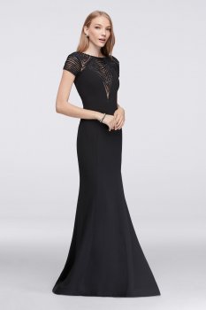 New Style Long Fitted Short Sleeves Illusion Beaded Prom Dress VC4203