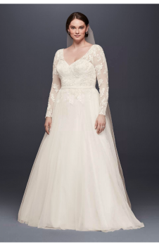 Plus Size Long Sleeve A-line Lace and Tulle Wedding Dresses 9WG3831 Pattern with Low Back