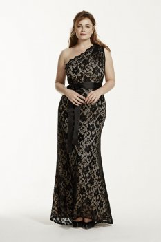 One Shoulder All Over Lace Dress with Ribbon Style A14146W