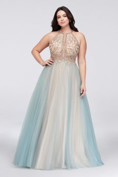 Plus Size New Style 1611P1238DW Style Beads Embellished Long A-line Tulle Halter Neck Prom Dress by Terani