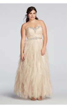 David Bridal 7690002W Crystal Beaded Prom Dress with Ruffled Tulle Skirt