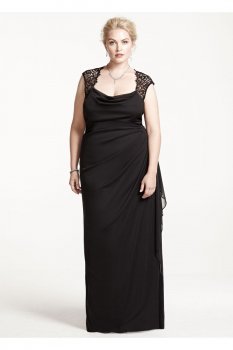 Cap Sleeve Long Jersey Dress with Lace Detail Style XS2195W