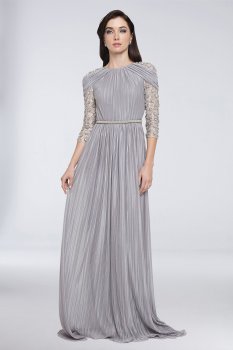 Pleated and Beaded 3/4 Sleeve Dress with Belt 1813M6709