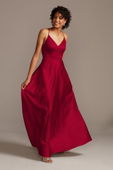 Spaghetti Straps Long A-line v-neck Satin Bridesmaid Dress Style F20131