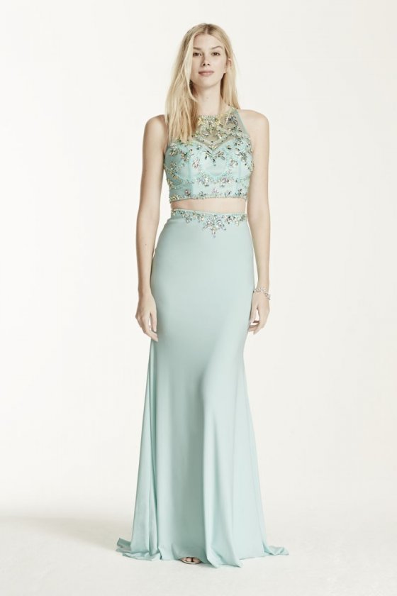 Two Piece Crystal Embellished Halter Jersey Dress Style 1126