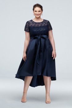 New High-low Short Sleeve Lace Gown with Bow Style 9419171