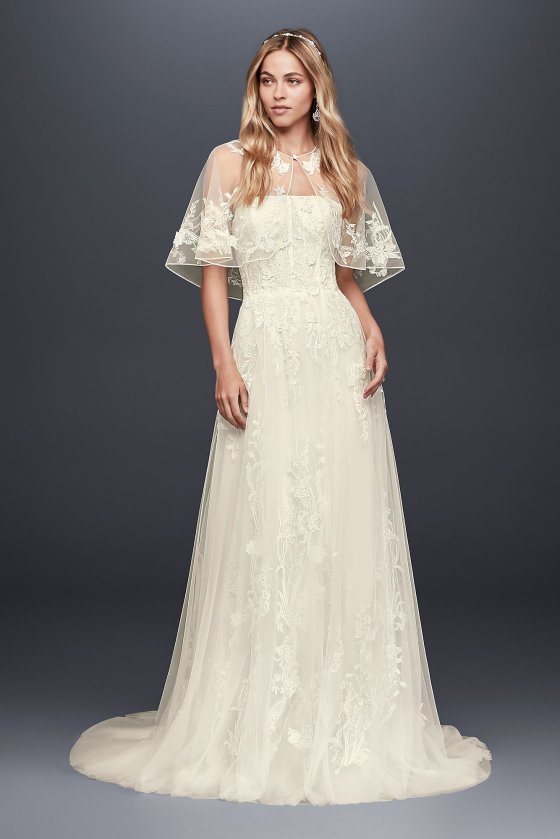 Newest Unique MS251186 Style Trailing Floral Lace Bridal Gown with Capelet