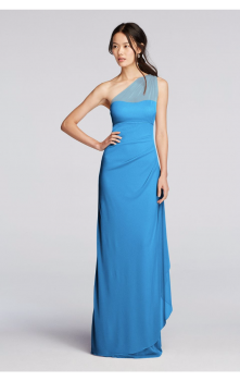 Long Fashion One Shoulder Illusion Mesh Asymmetric Neckline Bridesmaid Dress F19074