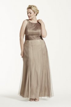 Iridescent Tulle Jewel Neck Gown with Ruched Waist Style 741943D
