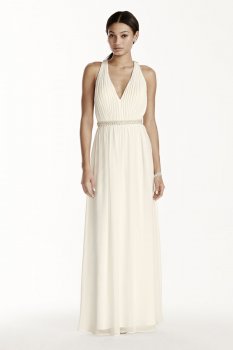 Mesh Halter Sheath Dress with Pearl Embellishments Style 231M72500