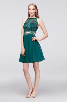 Above Knee Length X33842HVU Style Illusion Lace and Chiffon Dress with Cutout Waist