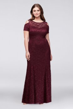 Plus Size Cold Shoulder Short Sleeves Long All Over Lace Dress Style 21522W