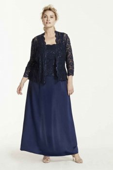 Long Satin Dress with 3/4 Lace Sleeved Jacket Style 6512887