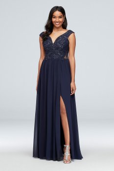 Off-the-Shoulder Metallic Lace and Chiffon Gown 3471RJ4B