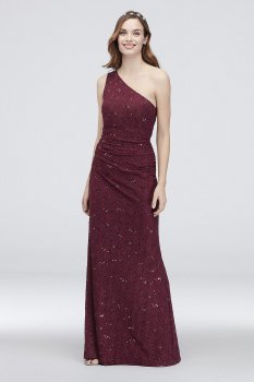One-Shoulder Ruched Sequin Lace Sheath Dress DS270016
