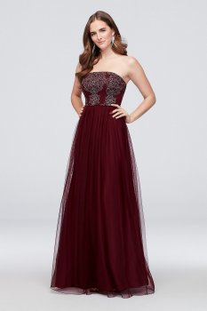 Long Strapless Glitter-Beaded Mesh A-line Dress X39561TGQ