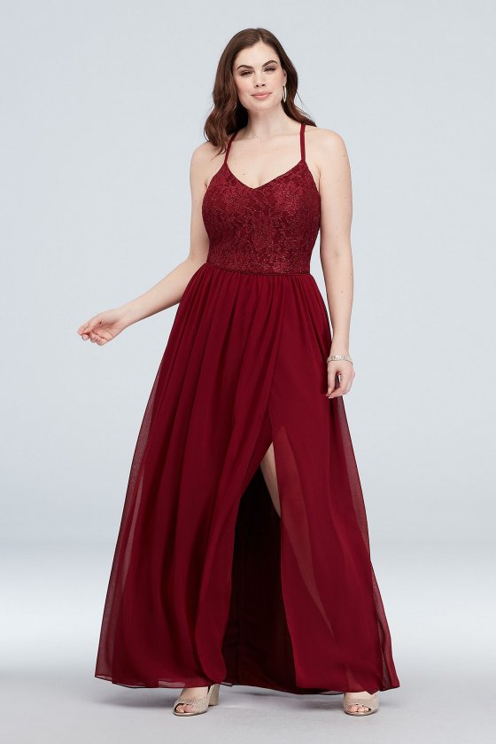 Plus Size 3930AQ4W Glitter Lace V Neck Dress with Spaghetti Straps