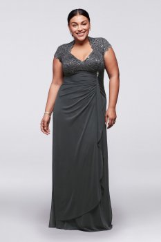 Plus Size A18436W Style Gathered Jersey Dress with Lace Bodice