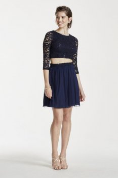 3/4 Sleeve Sequin Crop Top with Short Mesh Skirt Style X90011HJL