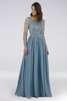 Floral Applique Long Sleeve Chiffon Ball Gown 29762