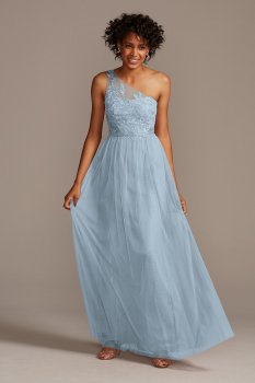 New One Shoulder F20121 Lace Embroidered Soft Net Bridesmaid Gown
