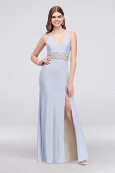 2018 Jersey A-Line Gown with Beaded Waist and V-Back 978X