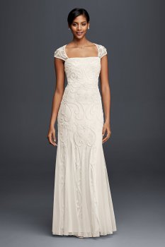 Charming Heavily Beaded Long 061912590 Style Sheath Wedding Dress with Cap Sleeves