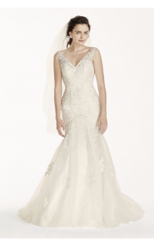 Jewel Open Back and V-neck Mermaid Lace Embroidered Wedding Dress with Tank Straps 4XLV3761