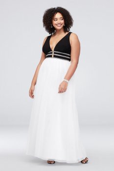 Deep V-Neck Plus Size Ball Gown with Crystal Rows 1072BNW