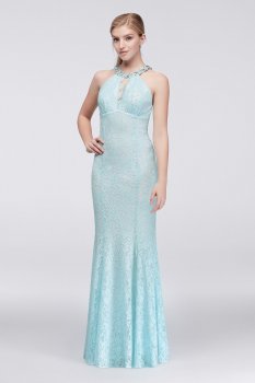 Beaded Keyhole Halter Neck Long All Over Lace Prom Dress Style 12152