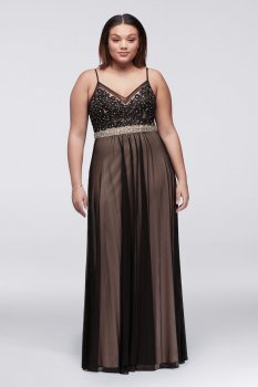 Plus Size A18981W Style Long Lace and Mesh Prom Dress with Beaded Waist
