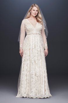 Illusion Long Sleeves A-line Romantic Lace Wedding Dress with Deep V-neckline 8MS251173