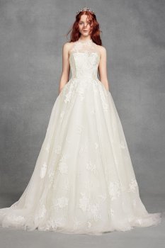 Illusion Floral Wedding Dress with High Neckline and Side Pockets Style VW351426