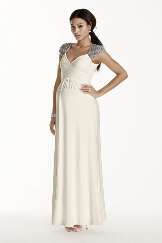 Beaded Cap Sleeve Long Jersey Maternity Dress Style 261746DM