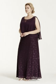 Long Sequin Lace dress with Chiffon Caplet Style 3210W