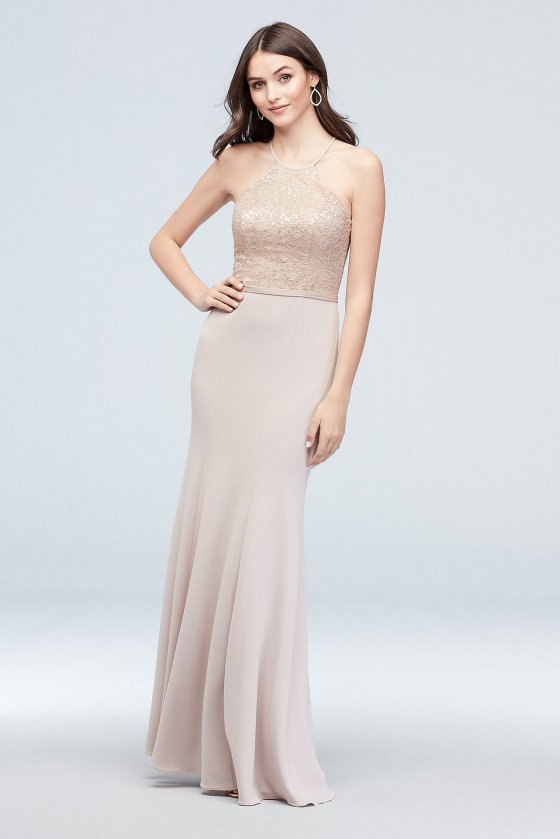 Metallic Lace and Crepe High-Neck Bridesmaid Dress F19976M