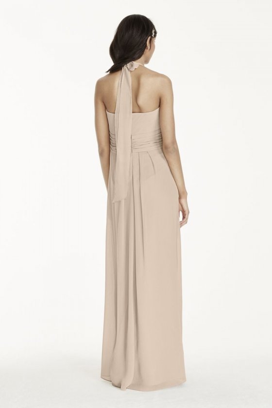 Long Halter Crinkle Chiffon Cascade Front Dress Style W10843