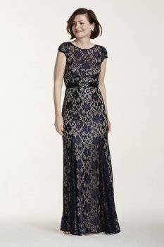 Cap Sleeve Lace Dress with Beaded Sash and Godets Style A15738